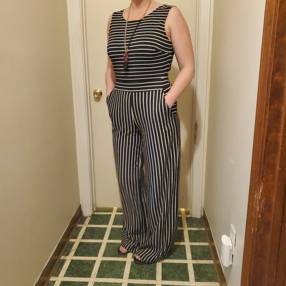NY&Co black and white striped jumpsuit - Size Med - Picture 8 of 10